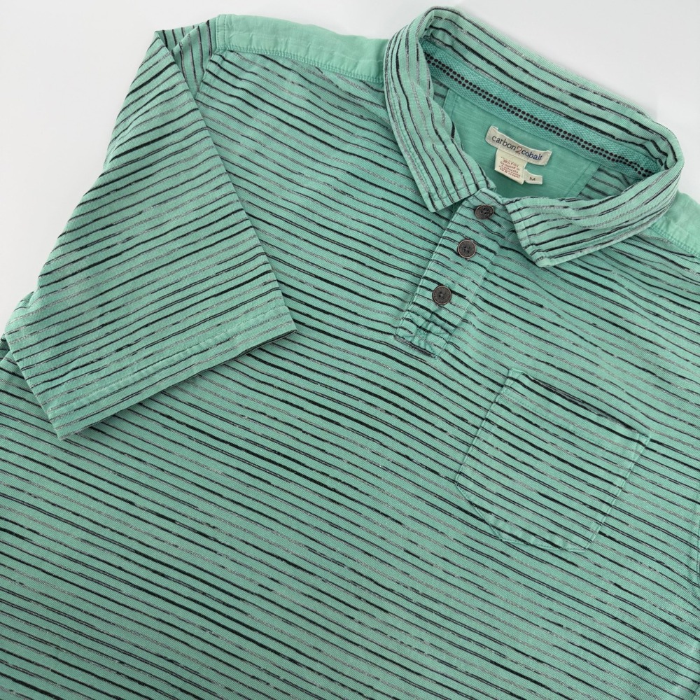 Carbon2Cobalt Polo Shirt Mens M Green Striped Slub Knit Pocket Short Sleeve Surf